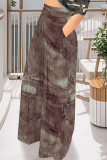 Navy Casual Faux Denim Print Pocket Contrast Loose High Waist Wide Leg Full Print Bottoms