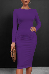 Purple Casual Solid Color O Neck Wrapped Skirt Dresses