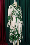 Green Elegant Print Patchwork With Belt Turndown Collar Irregular Dresses