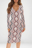 Brown Sexy Street Geometric Print Contrast V Neck Printed Dresses