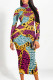 Red Blue Casual Geometric Print Chain print Contrast Half A Turtleneck Printed Dresses