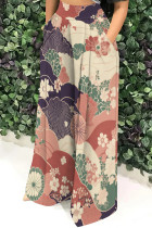 Multicolor Casual Print Pocket Patchwork Loose Mid Waist Wide Leg Full Print Bottoms