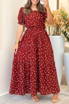 Red Casual Polka Dot Print Basic Square Neck Short Sleeve Short Sleeve Dress