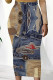 The cowboy blue Casual Print Patchwork Regular Mid Waist Pencil Positioning Print Bottoms