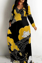 Black Yellow Casual Print Patchwork V Neck Long Dresses