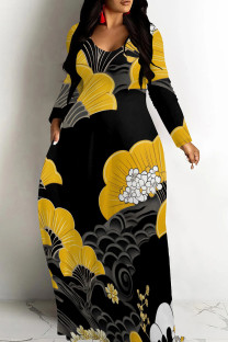 Black Yellow Casual Print Patchwork V Neck Long Dresses