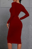 Burgundy Casual Solid Color O Neck Wrapped Skirt Dresses