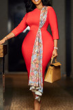 Blue Elegant Print Patchwork Zipper Contrast O Neck Wrapped Skirt Dresses