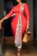Watermelon Red Elegant Print Patchwork Zipper Contrast O Neck Wrapped Skirt Dresses