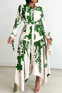 Green Elegant Print Patchwork With Belt Turndown Collar Irregular Dresses