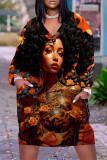Pink Brown Casual Street Figure Print Pocket Contrast V Neck Printed Plus Size Dresses