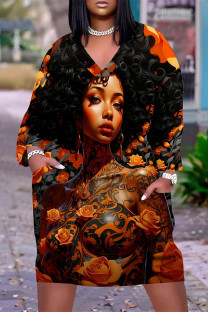 Orange Black Casual Street Figure Print Pocket Contrast V Neck Printed Plus Size Dresses