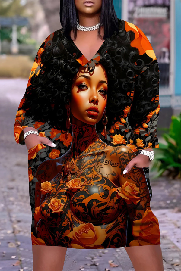 Orange Black Casual Street Figure Print Pocket Contrast V Neck Printed Plus Size Dresses
