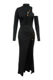 Black Sexy Hot Solid Color Hollow Out Slit Half A Turtleneck Long Sleeve Two Pieces