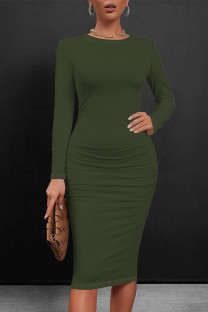 Army Green Casual Solid Color O Neck Wrapped Skirt Dresses