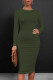 Army Green Casual Solid Color O Neck Wrapped Skirt Dresses