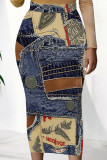 Blue Red Casual Print Patchwork Regular Mid Waist Pencil Positioning Print Bottoms