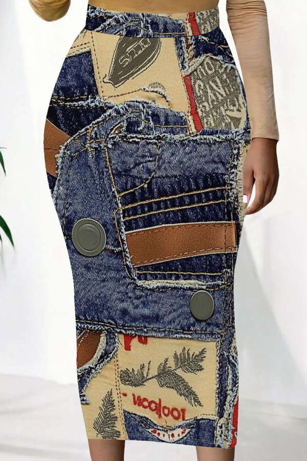 Blue Yellow Casual Print Patchwork Regular Mid Waist Pencil Positioning Print Bottoms