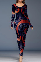 Fuchsia Casual Print Patchwork O Neck Long Dresses