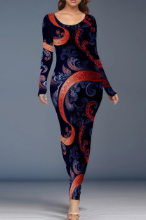Fuchsia Casual Print Patchwork O Neck Long Dresses
