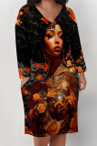 Pink Brown Casual Street Figure Print Pocket Contrast V Neck Printed Plus Size Dresses