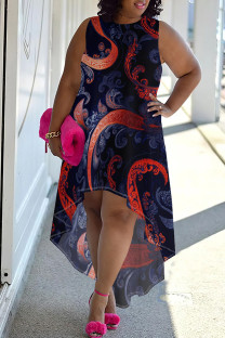 Fuchsia Casual Print Patchwork O Neck Irregular Plus Size Dresses