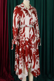 Green Elegant Print Patchwork With Belt Turndown Collar Irregular Dresses