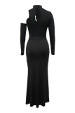 Black Sexy Hot Solid Color Hollow Out Slit Half A Turtleneck Long Sleeve Two Pieces
