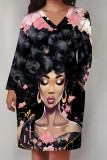 Pink Brown Casual Street Figure Print Pocket Contrast V Neck Printed Plus Size Dresses