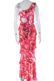 Red Sexy Vacation Floral Print Backless Spaghetti Strap Long Dresses