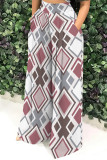 Fuchsia Casual Print Pocket Patchwork Loose Mid Waist Wide Leg Full Print Bottoms