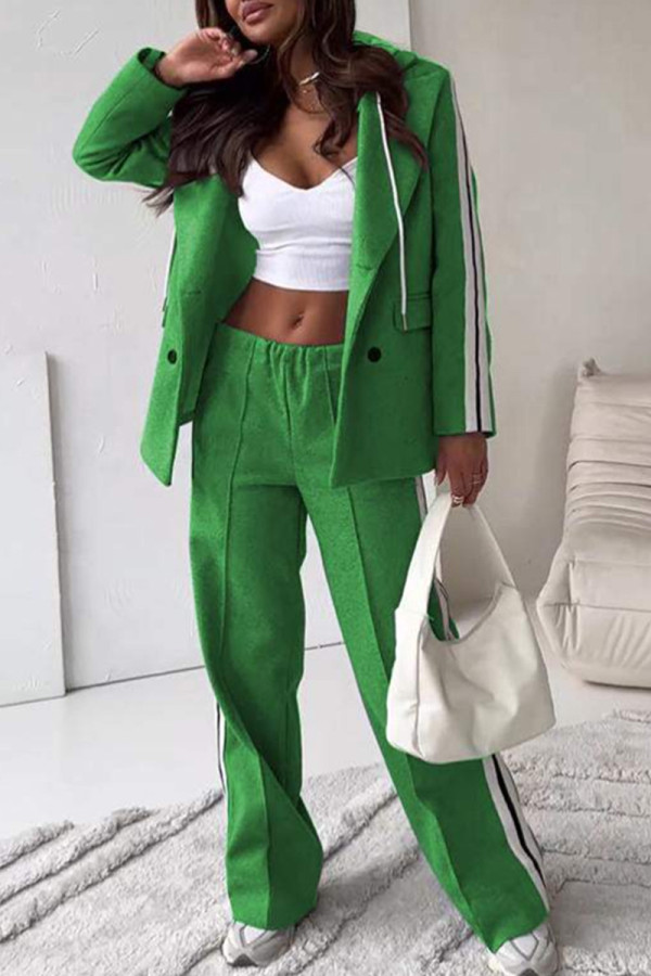 Green Casual Buttons Patchwork Contrast Turn-back Collar Long Sleeve Two Pieces