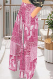Navy Casual Faux Denim Print Pocket Contrast Loose High Waist Wide Leg Full Print Bottoms