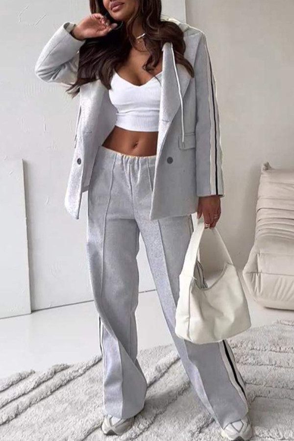 Grey Casual Buttons Patchwork Contrast Turn-back Collar Long Sleeve Two Pieces
