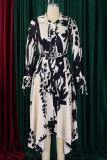 Green Elegant Print Patchwork With Belt Turndown Collar Irregular Dresses