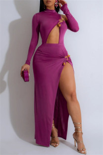 Purple Sexy Hot Solid Color Hollow Out Slit Half A Turtleneck Long Sleeve Two Pieces