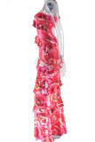 Red Sexy Vacation Floral Print Backless Spaghetti Strap Long Dresses