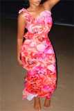 Red Sexy Vacation Floral Print Backless Spaghetti Strap Long Dresses