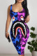 Blue Purple Casual Cartoon Print Contrast U Neck Printed Dresses