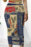 Blue Red Casual Print Patchwork Regular Mid Waist Pencil Positioning Print Bottoms