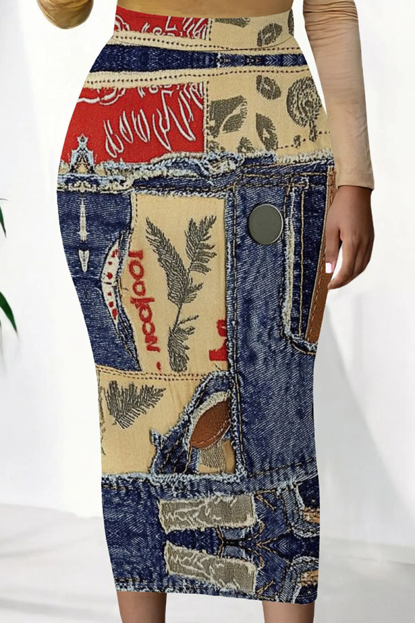Khaki Red Casual Print Patchwork Regular Mid Waist Pencil Positioning Print Bottoms
