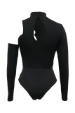 Black Sexy Hot Solid Color Hollow Out Slit Half A Turtleneck Long Sleeve Two Pieces