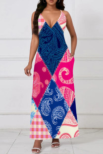 Blue Pink Casual Print Pocket Patchwork V Neck Long Dresses