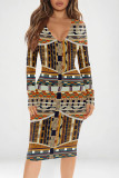 Brown Sexy Street Geometric Print Contrast V Neck Printed Dresses