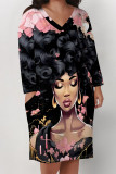 Pink Brown Casual Street Figure Print Pocket Contrast V Neck Printed Plus Size Dresses