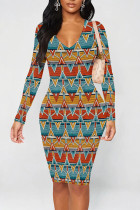 Multicolor Sexy Street Geometric Print Contrast V Neck Printed Dresses