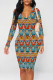 Multicolor Sexy Street Geometric Print Contrast V Neck Printed Dresses