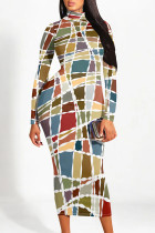 Multicolor Street Geometric Print Stripe Contrast Half A Turtleneck Printed Dresses