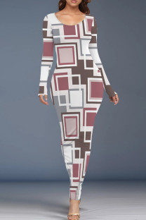 White Brown Casual Print Patchwork O Neck Long Dresses