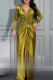 Green Yellow Elegant Solid Color Patchwork Ruched V Neck Long Dresses